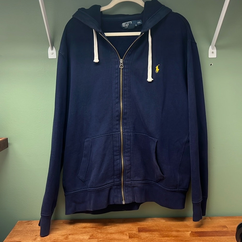 Ralph Lauren Polo XXL Mens Navy full zip fleece jacket with pockets and hood GUC